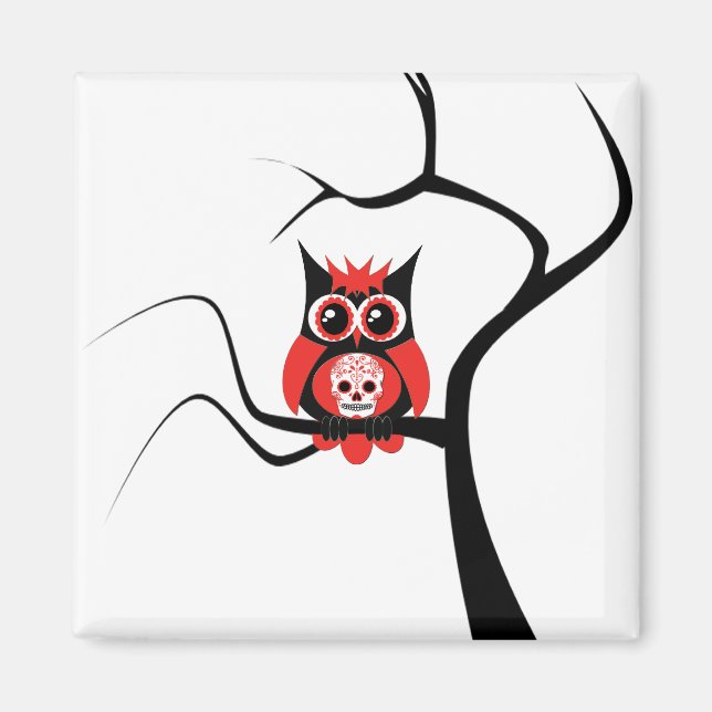 Red Sugar Skull Owl in Tree Magnet (Front)