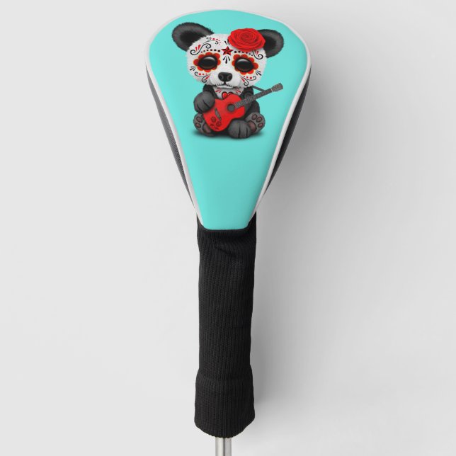 Red Sugar Skull Panda Playing Guitar Golf Head Cover (Front)