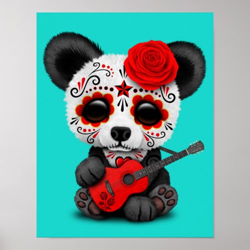 Red Sugar Skull Panda Playing Guitar Poster