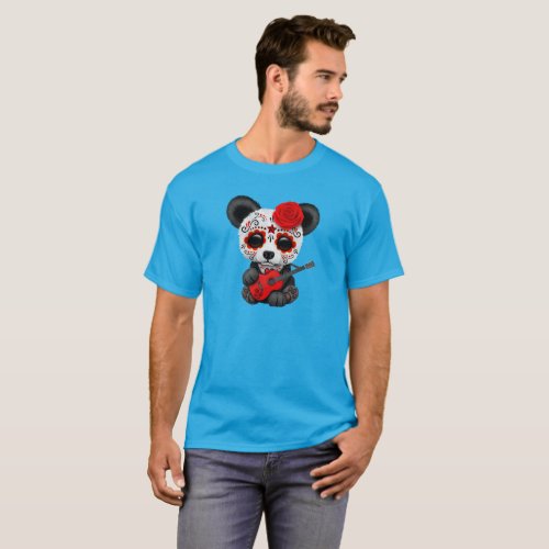 Red Sugar Skull Panda Playing Guitar T_Shirt