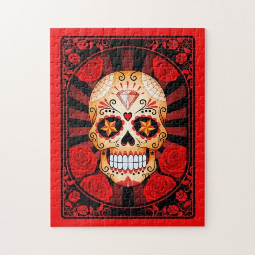 Red Sugar Skull with Roses Poster Jigsaw Puzzle