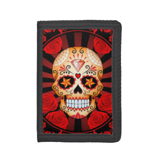 Red Sugar Skull with Roses Poster Tri-fold Wallet