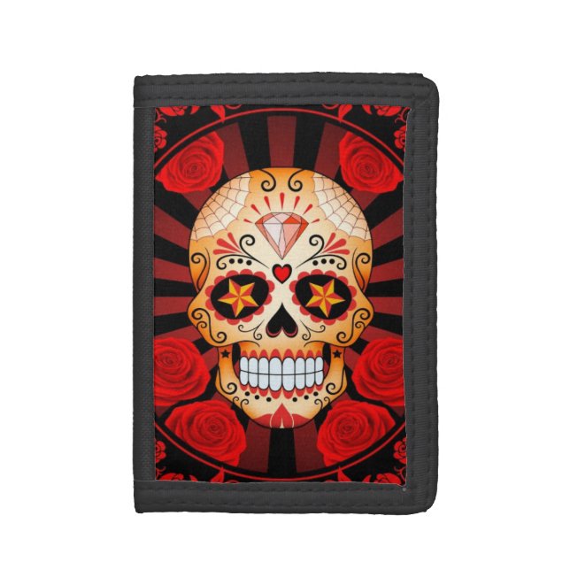 Red Sugar Skull with Roses Poster Tri-fold Wallet (Front Vertical)