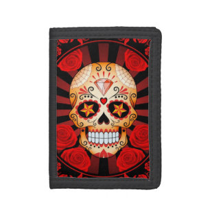 Red Sugar Skull with Roses Poster Trifold Wallet