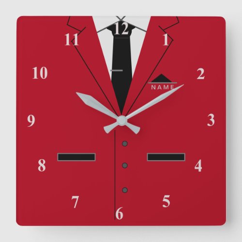 Red Suit  Black Necktie _ Add your name  text Square Wall Clock