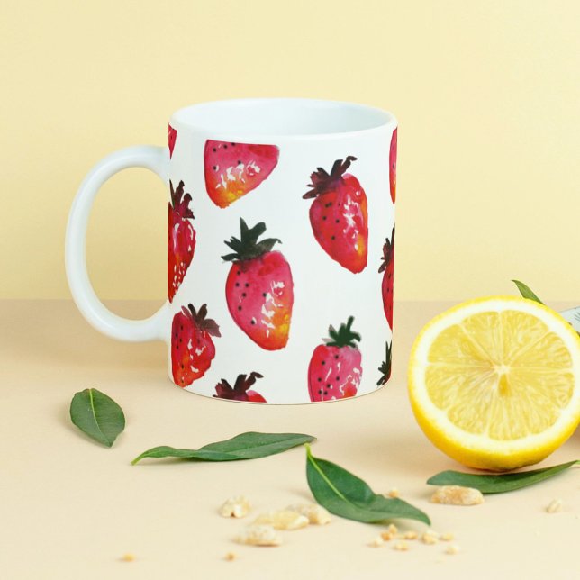 Red Summer Strawberries Cute Boho Hand-Illustrated Coffee Mug (These unique watercolor strawberries are yummy and appetizing all year round.)