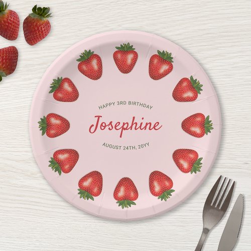 Red Summer Strawberries On Pink Birthday Paper Plates