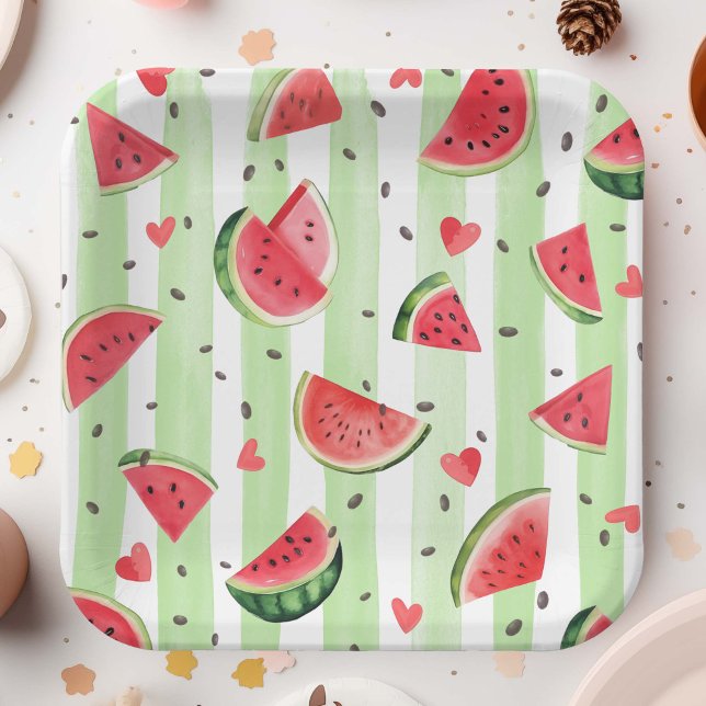Red Summer Watermelon Fruit Themed Cute Girl  Paper Plates (Summer Birthday Red Watercolor Watermelon, Girl Party Paper Plates.)