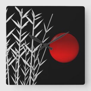 Red sun black white zen square wall clock