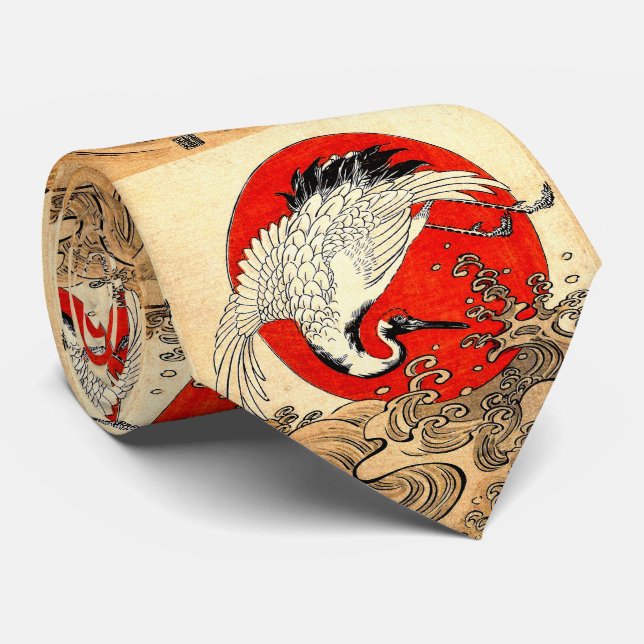 RED SUN ,JAPANESE FLYING CRANE AND SEA WAVES  NECK TIE (Rolled)