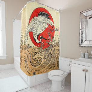 RED SUN ,JAPANESE FLYING CRANE AND SEA WAVES  SHOWER CURTAIN