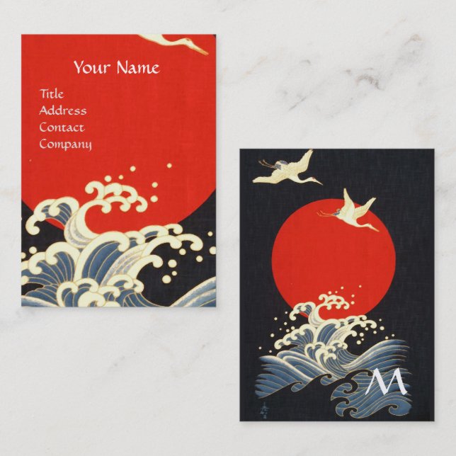 RED SUN ,JAPANESE FLYING CRANES,SEA WAVES IN BLACK BUSINESS CARD (Front/Back)