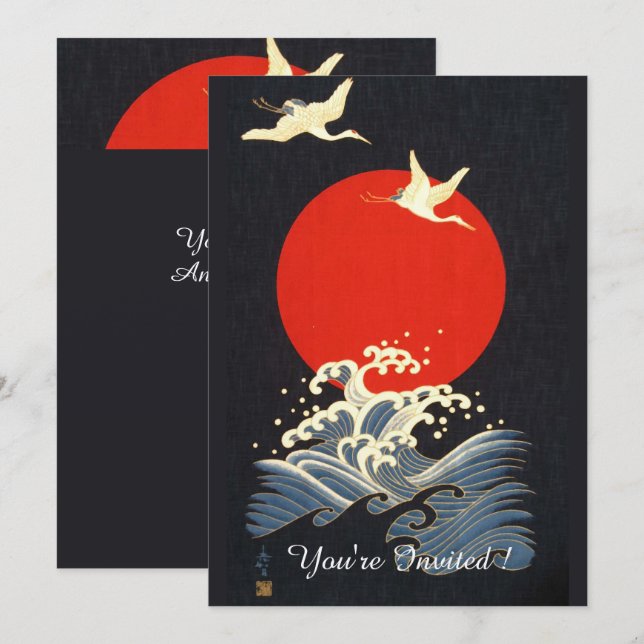 RED SUN ,JAPANESE FLYING CRANES,SEA WAVES IN BLACK INVITATION (Front/Back)