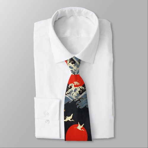 RED SUN JAPANESE FLYING CRANESSEA WAVES IN BLACK NECK TIE