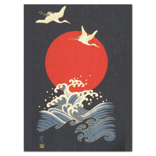 RED SUN JAPANESE FLYING CRANESSEA WAVES IN BLACK TISSUE PAPER