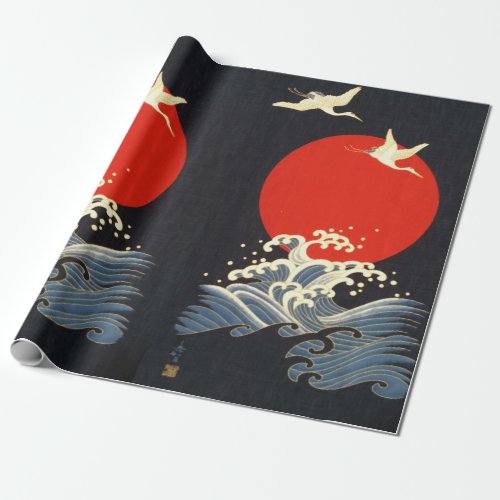 RED SUN JAPANESE FLYING CRANESSEA WAVES IN BLACK WRAPPING PAPER