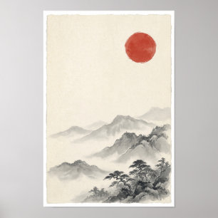 Red Sun Over Misty Mountains Poster Japanese Min