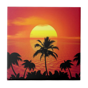 Red Sun Tropical Palm Beach Ceramic Tile