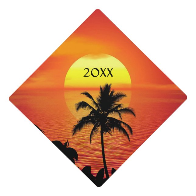Red Sun Tropical Palm Beach Graduation Cap Topper (Front)