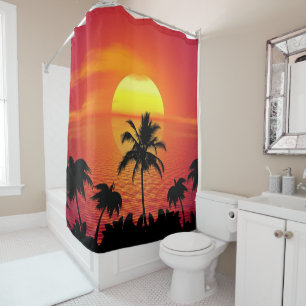 Red Sun Tropical Palm Beach Shower Curtain