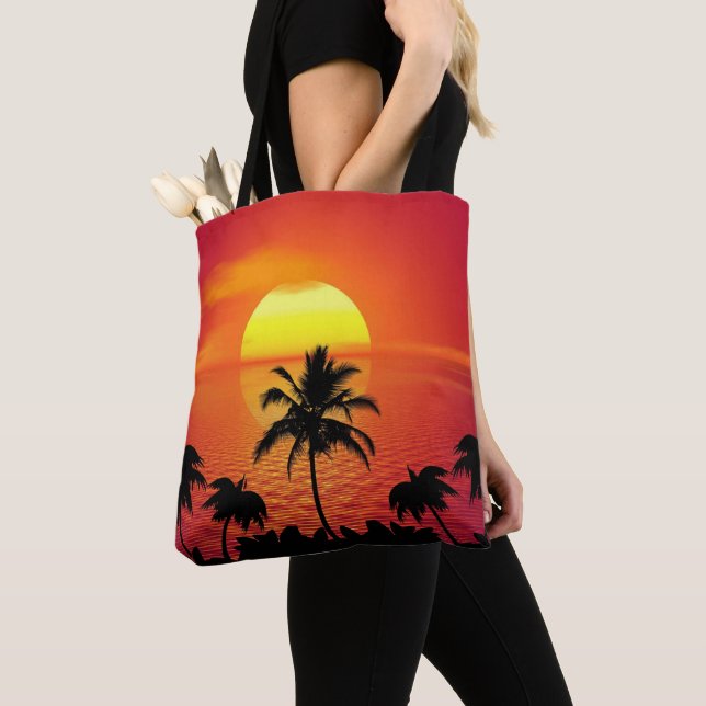 Red Sun Tropical Palm Beach Tote Bag (Close Up)