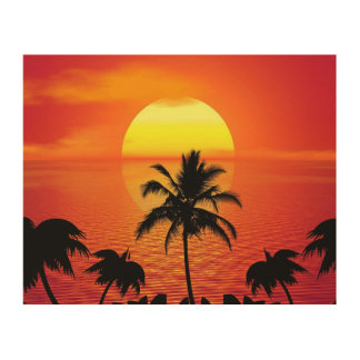 Red Sun Tropical Palm Beach Wood Wall Art