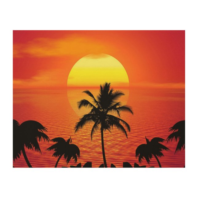 Red Sun Tropical Palm Beach Wood Wall Art (Front)