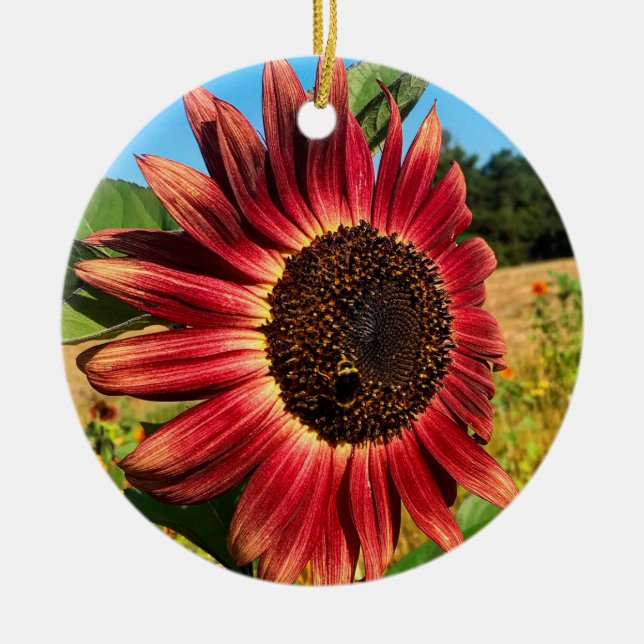 Red Sunflower Ceramic Ornament (Front)