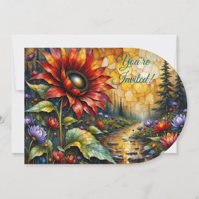 Red Sunflower in valley by stream Invitation (Front)
