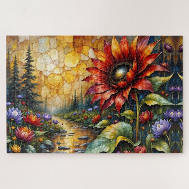 Red Sunflower in valley by stream Jigsaw Puzzle (Horizontal)