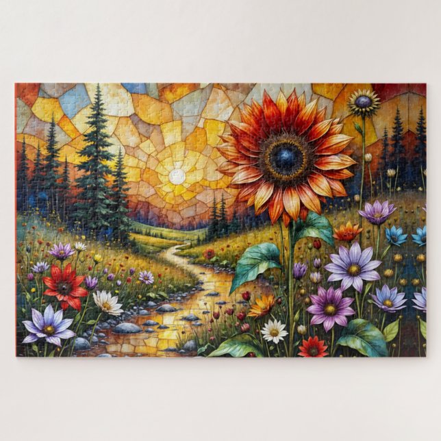 Red Sunflower in valley by stream Jigsaw Puzzle (Horizontal)