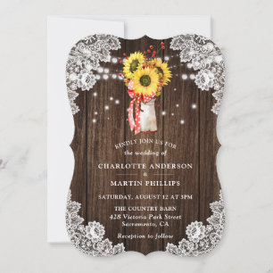 Red Sunflower Lace Wood String Lights Wedding  Invitation