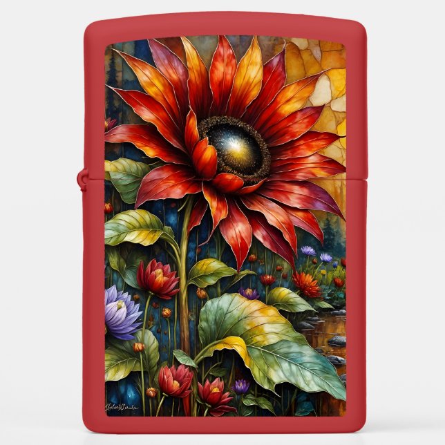 red sunflower patchwork zippo lighter (Front)