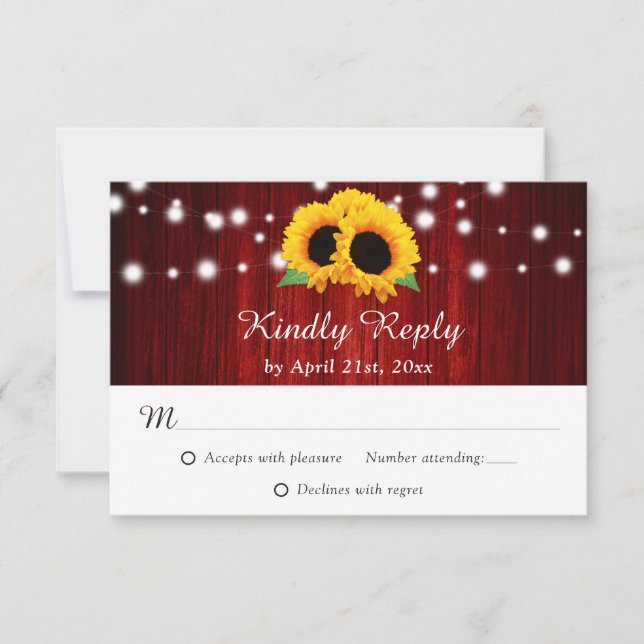 Red Sunflower Rustic Wood String Lights Wedding RSVP Card (Front)