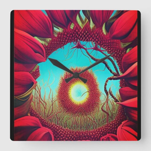 Red Sunflower Stargate  Square Wall Clock