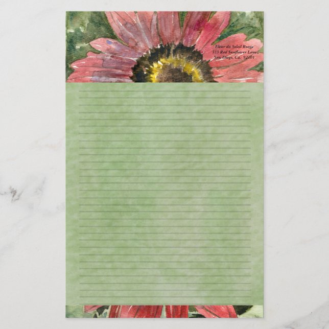 Red Sunflower Watercolor Personalized Stationary Stationery (Front)