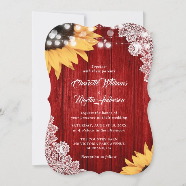 Red Sunflower Wood Floral Lace Wedding Invitation (Front)