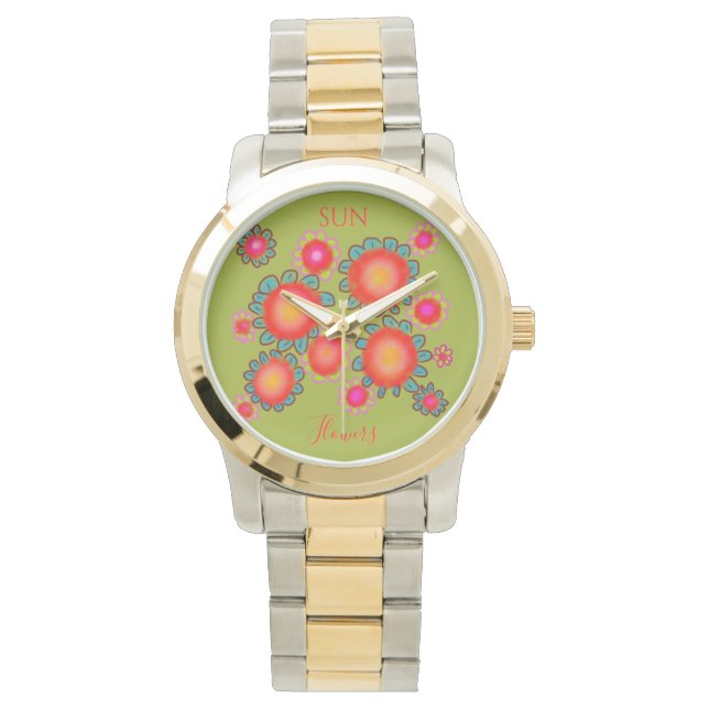 Red SunFlowers Green Graphic  Watch (Front)
