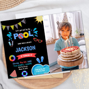 Red Sunglass Pool Birthday Invitations with Photo