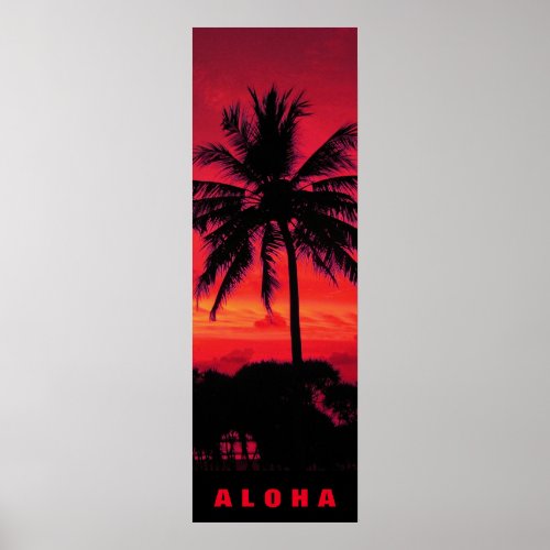 Red Sunset Aloha Hawaii Palm Trees Tropics Travel Poster