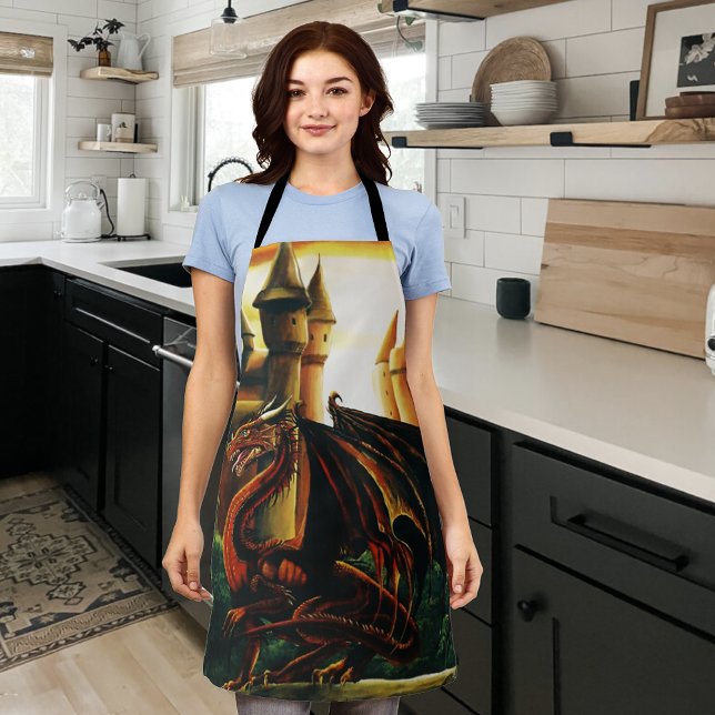 Red Sunset Castle Dragon Fantasy Apron (Creator Uploaded)