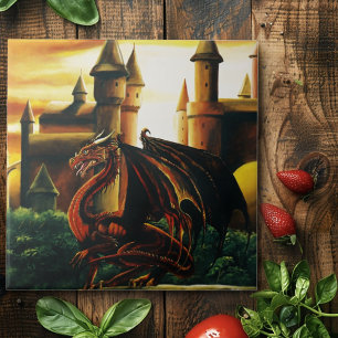 Red Sunset Castle Dragon Fantasy Ceramic Tile