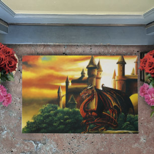 Red Sunset Castle Dragon Fantasy Doormat