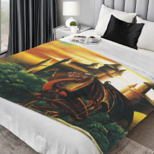 Red Sunset Castle Dragon Fantasy Fleece Blanket
