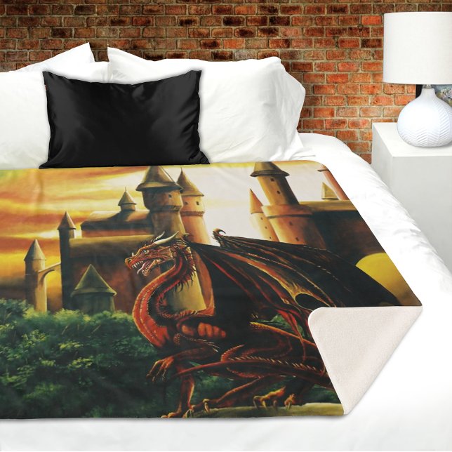 Red Sunset Castle Dragon Fantasy Sherpa Blanket (Creator Uploaded)