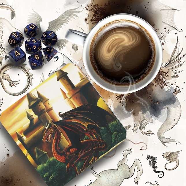 Red Sunset Castle Dragon Fantasy Square Paper Coaster (Creator Uploaded)