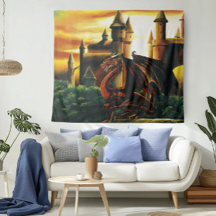 Red Sunset Castle Dragon Fantasy Tapestry