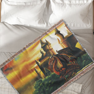 Red Sunset Castle Dragon Fantasy Throw Blanket