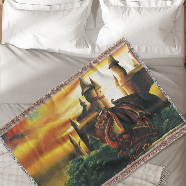 Red Sunset Castle Dragon Fantasy Throw Blanket (Creator Uploaded)