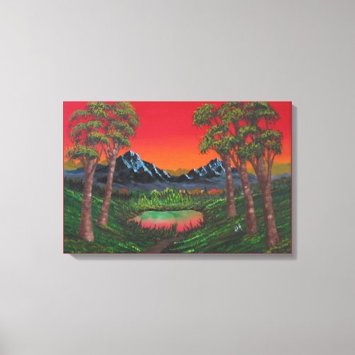 Red Sunset Mountain Forest Lake Canvas Print